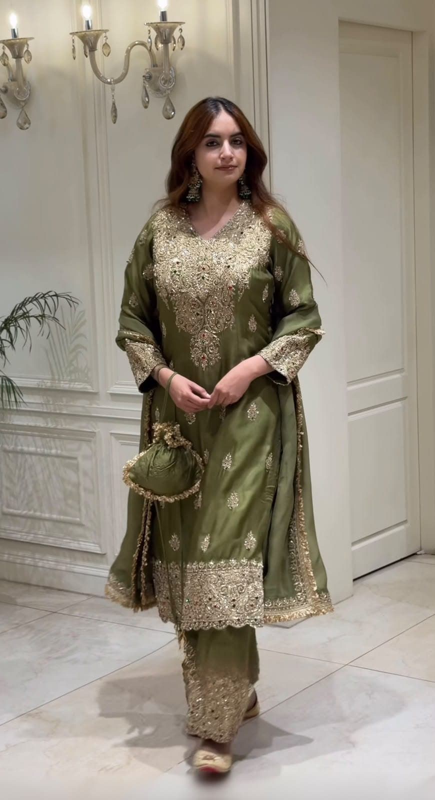 Designer Roman Simmer Silk Embroidered Top, Bottom & Dupatta Set