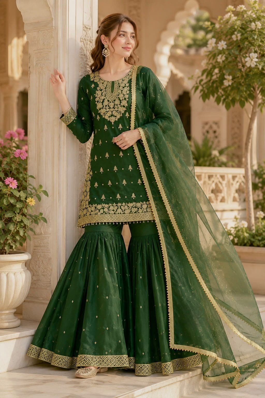 Piece Embroidered Silk Sharara Suit Set | Designer Top, Sharara & Dupatta