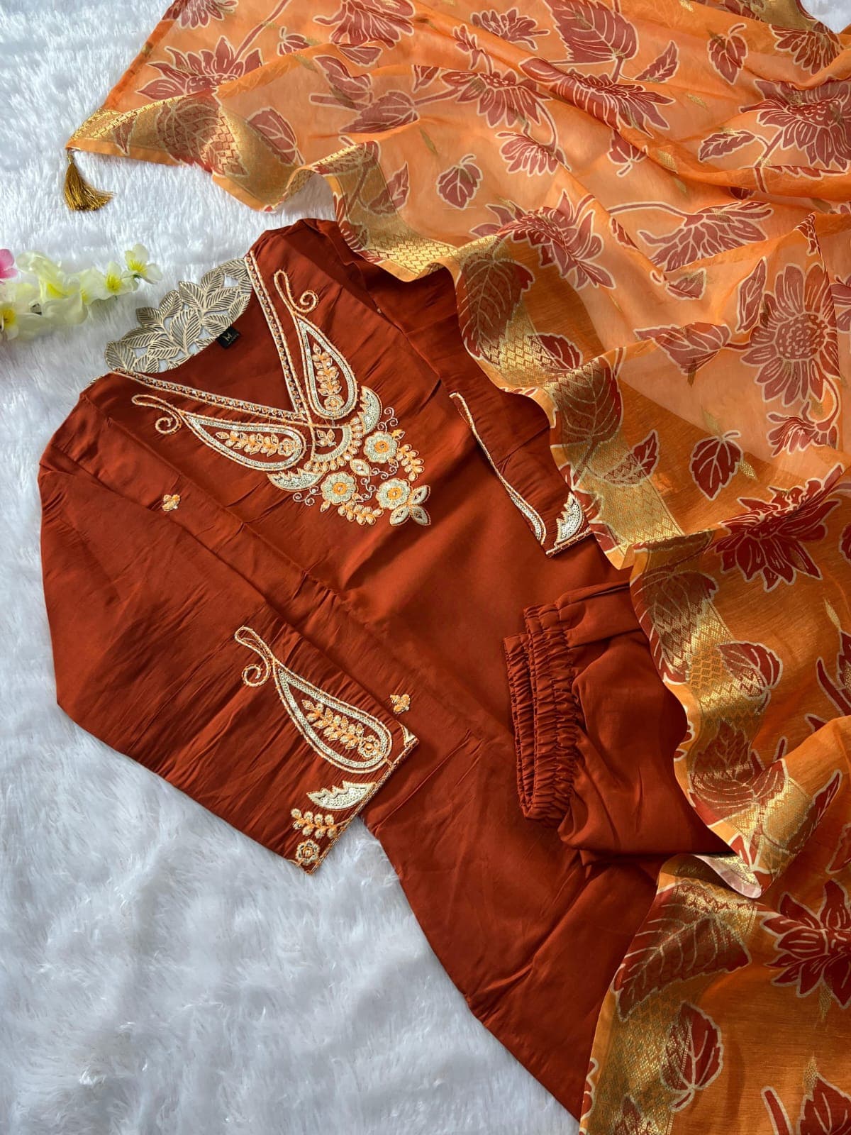 Designer Rust Roman Silk Kurti Pant Set with Chanderi Dupatta - image 1
