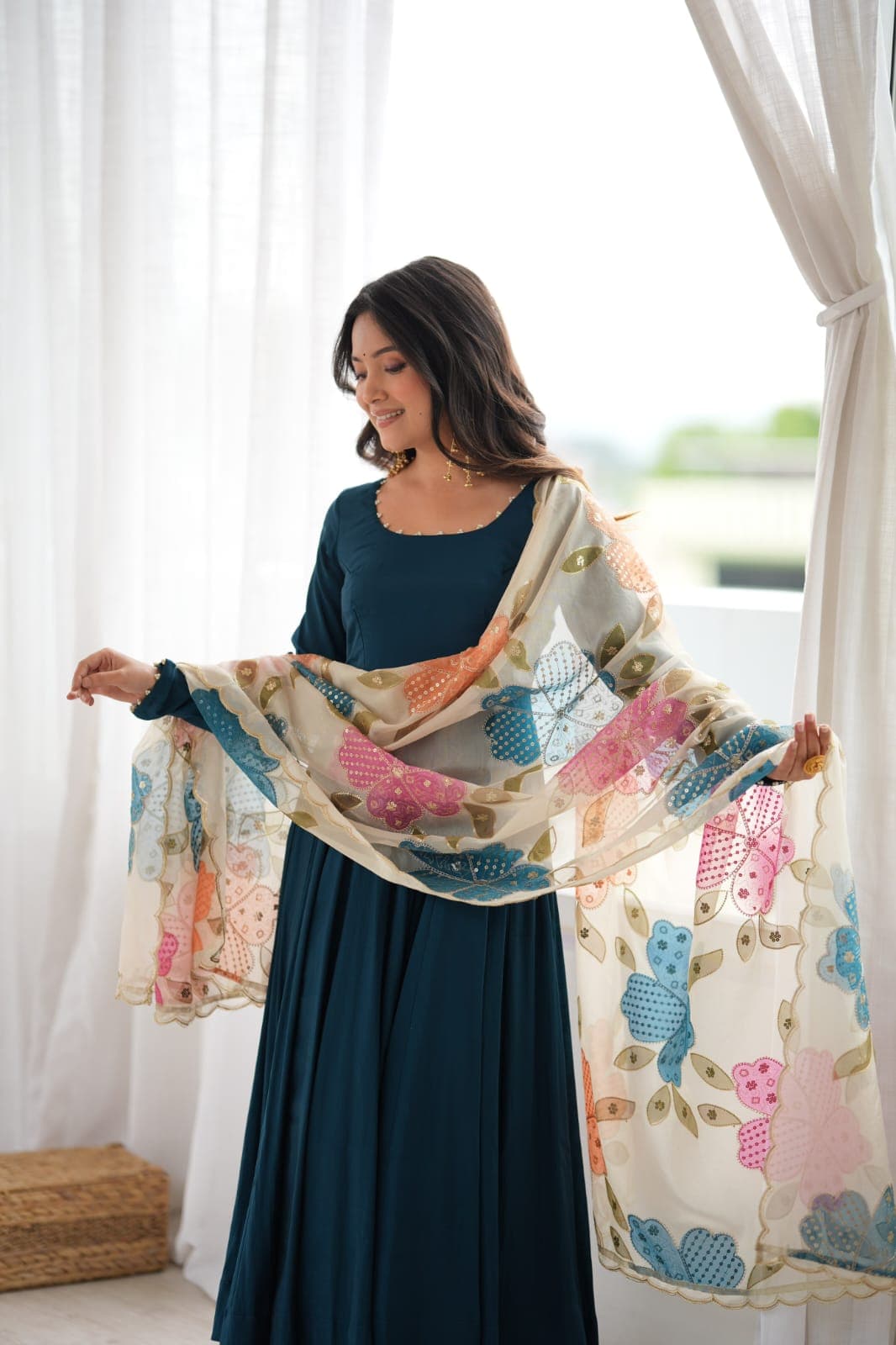 Teal Blue Roman Silk Anarkali Suit Set | 16-Kali Flared Gown, Pant & Dupatta - image 1
