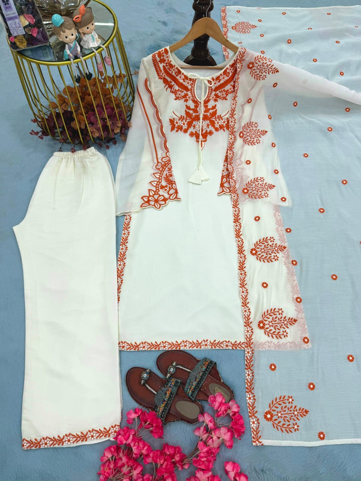 Designer Roman Silk Top Palazzo Set with Embroidery & Bell Sleeves - image 1