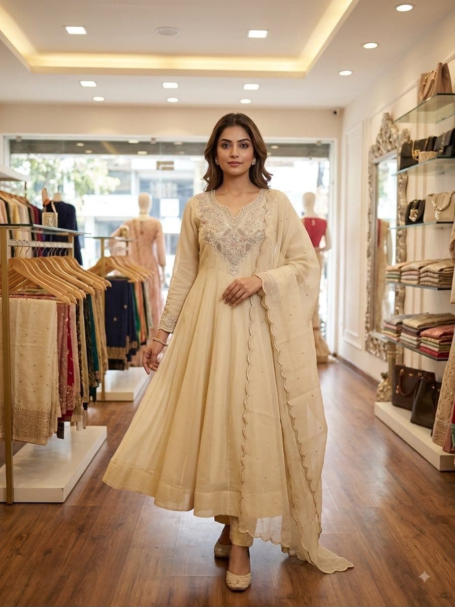 Cording & Sequin Embroidered Coss Moss Gown Set | Gown, Pant & Dupatta - image 1