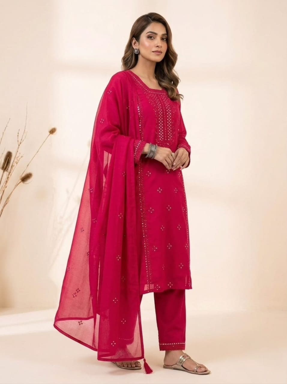 Designer Roman Silk Sequin Embroidered Suit Set | Top, Pant & Dupatta