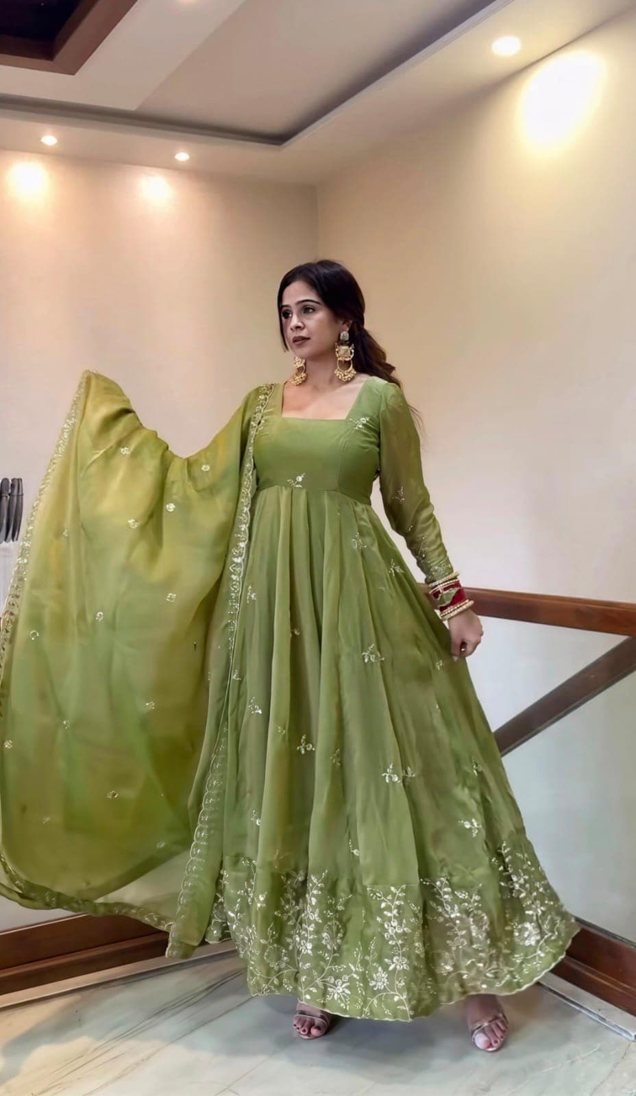 Fendy Silk Embroidered Gown Set with Sequin Work & Dupatta