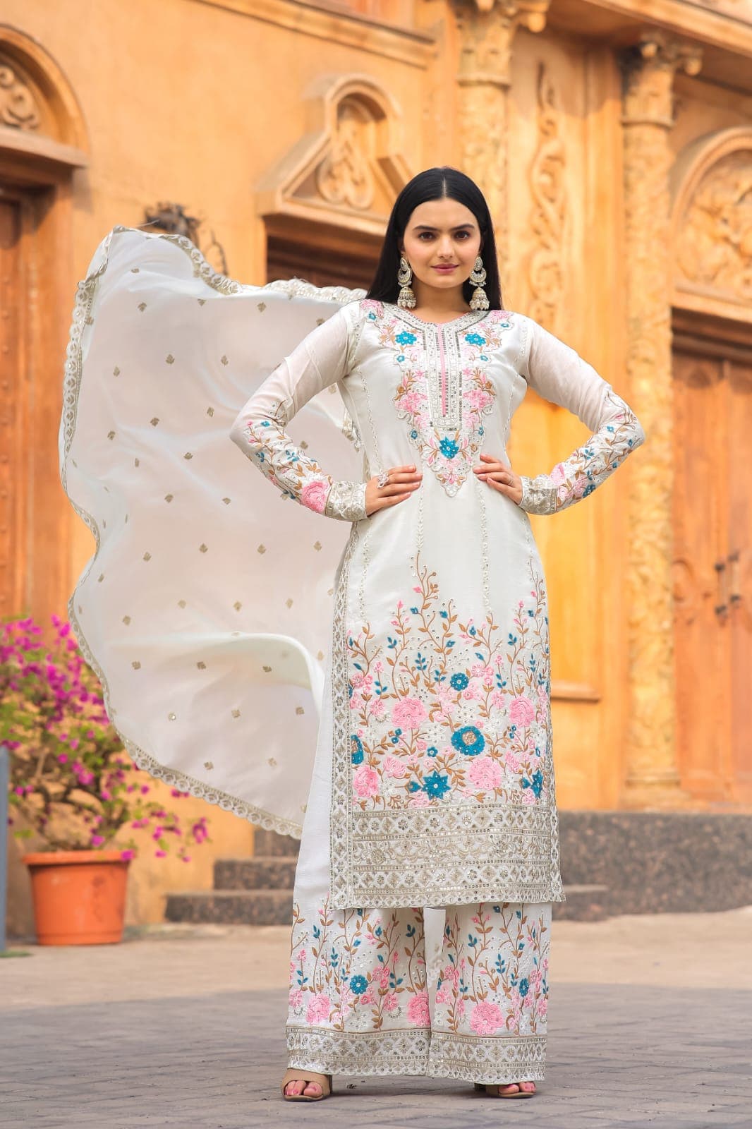 Designer Chinon Silk Top Palazzo Set with Diamond Hand Work & Cutwork Dupatta