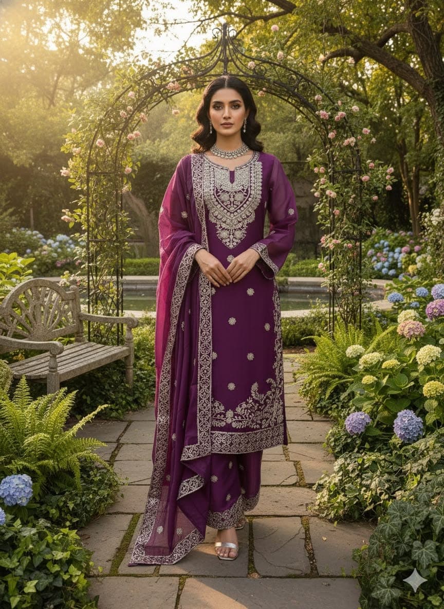 Silk Thread Embroidered Kurti Palazzo Set with Dupatta