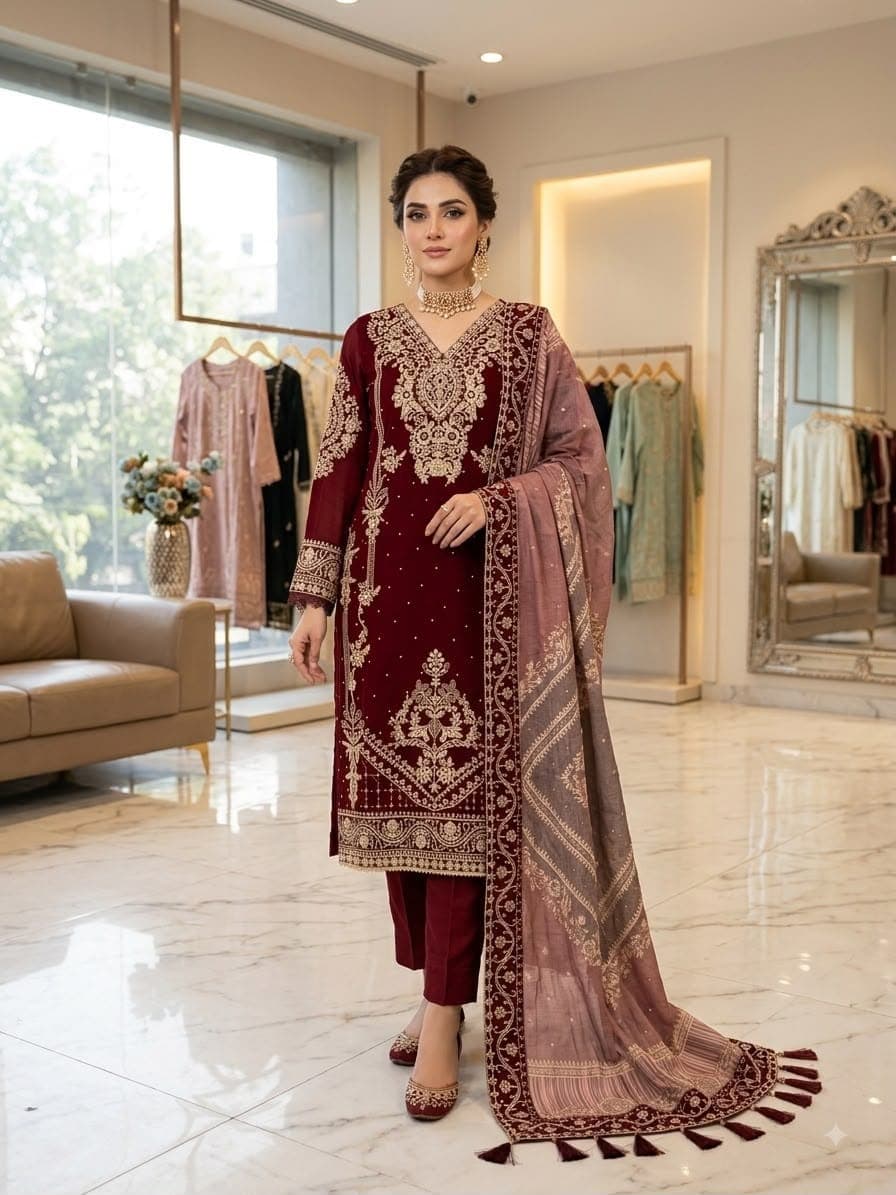 Georgette Cording & Diamond Embroidered Suit Set with Printed Organza Dupatta