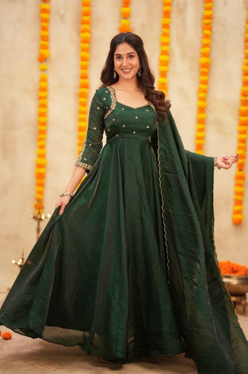 Vanya Emerald Sparkling Georgette Glimmer Gown Set with Cutwork Dupatta - image 1