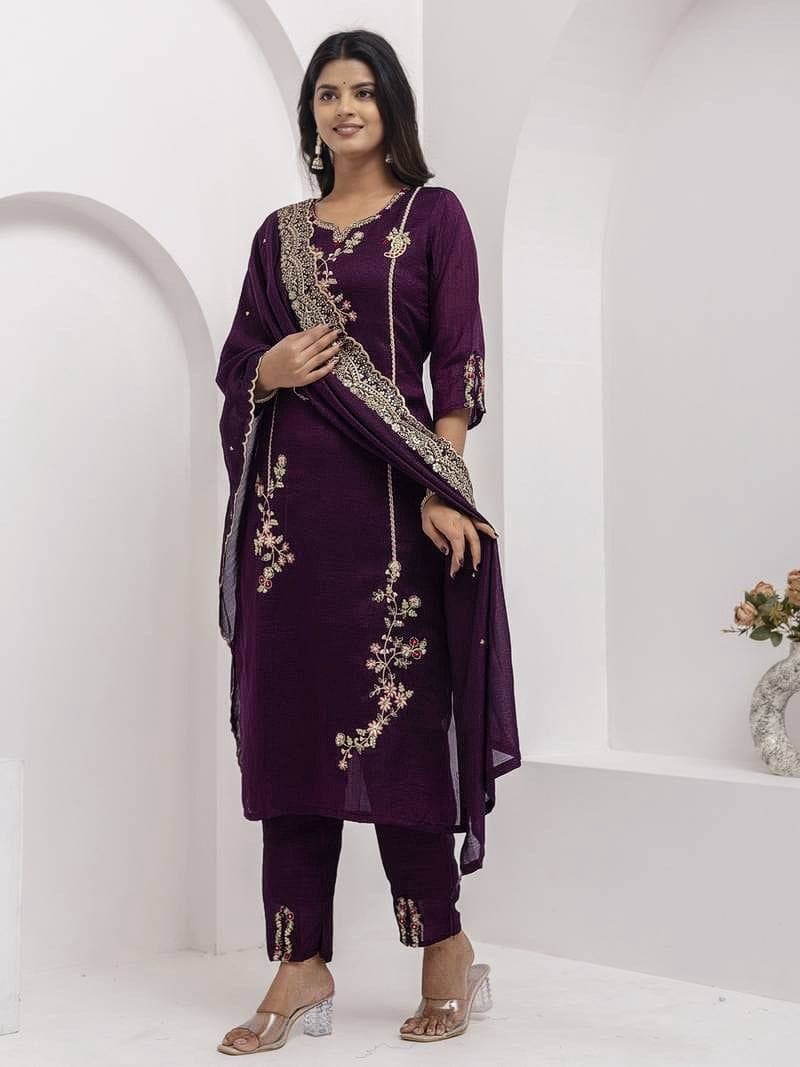 Designer Vichhitra Silk Embroidered Kurta Pant Set with Dupatta