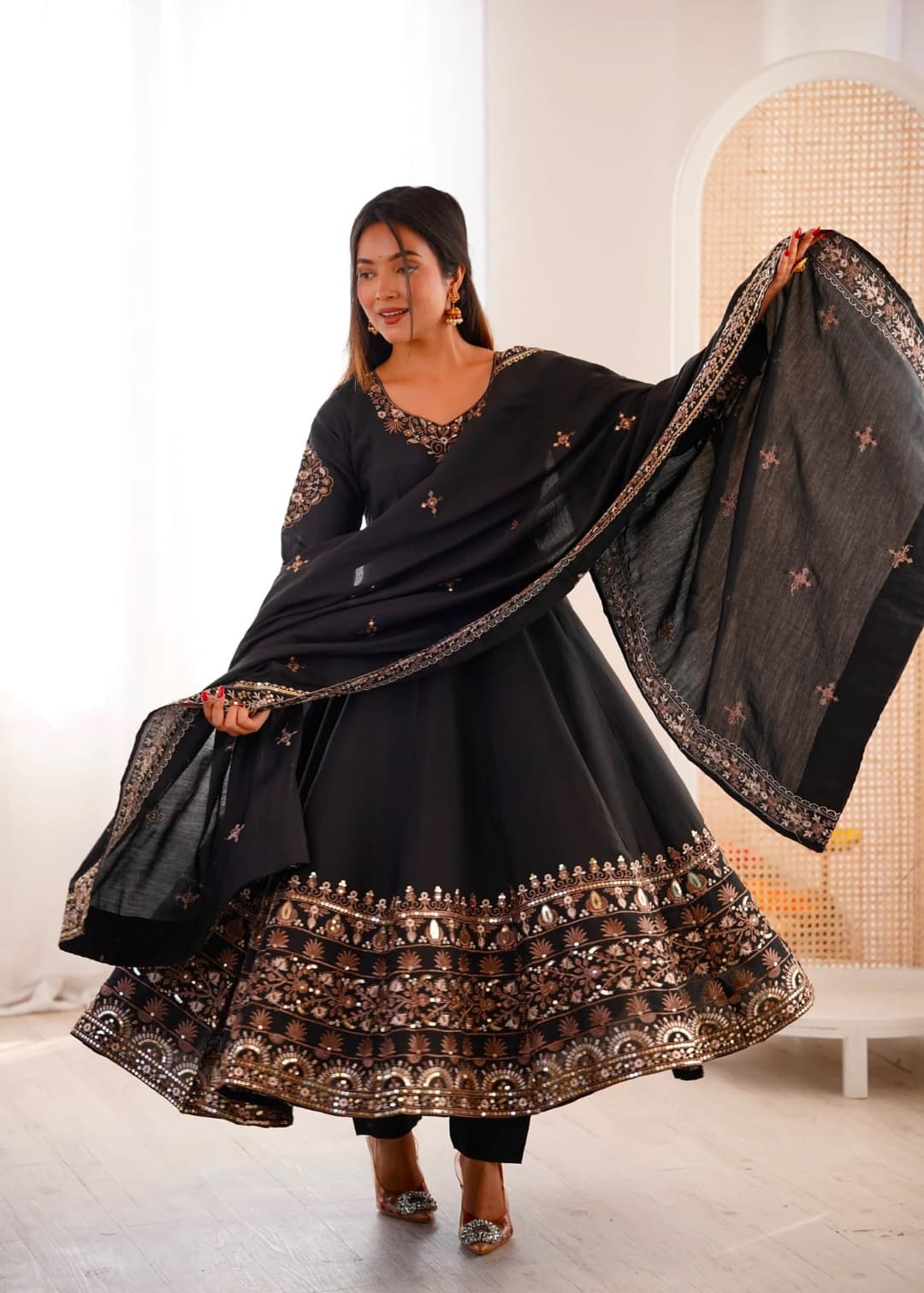 Roman Silk Embroidered Sequence Anarkali Suit Set with 3.75m Flare
