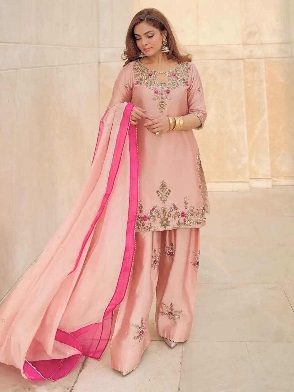 Silk Embroidered Top & Farshi Salwar Set with Tebi Organza Dupatta - image 1