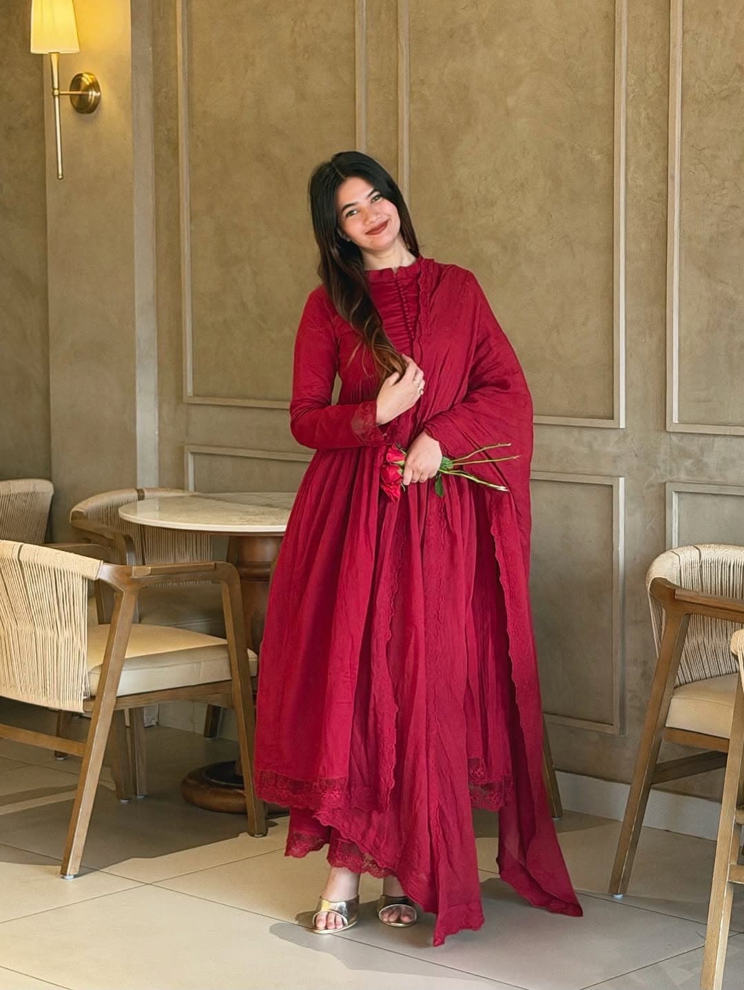 Designer Heavy Roman Silk Embroidered Gown Set | 8 Colors Available - image 1