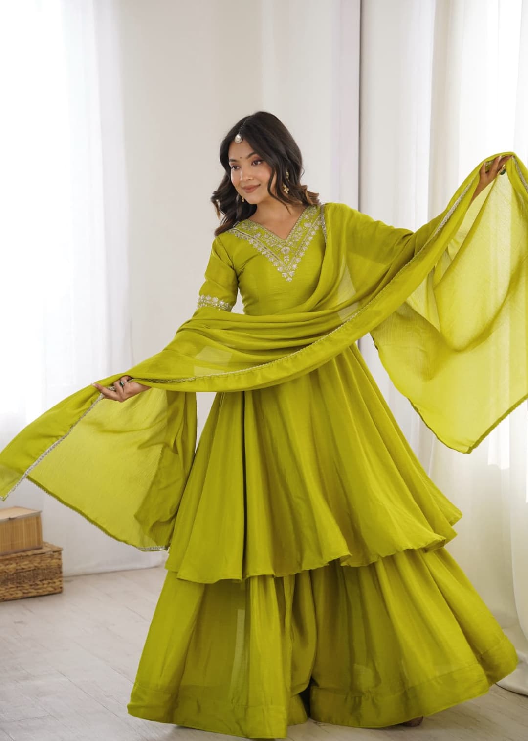 Heavy Chinon Silk Embroidered Sequin Suit Set with Fancy Lace Dupatta