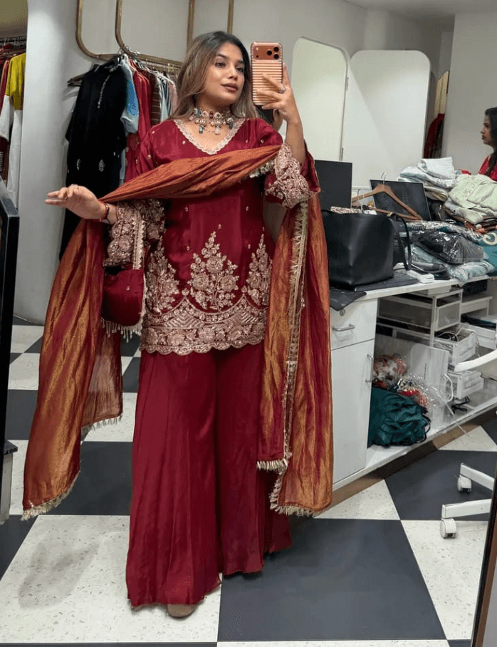 French Crepe Coding Sequin Embroidered Sharara Suit Set with Dupatta