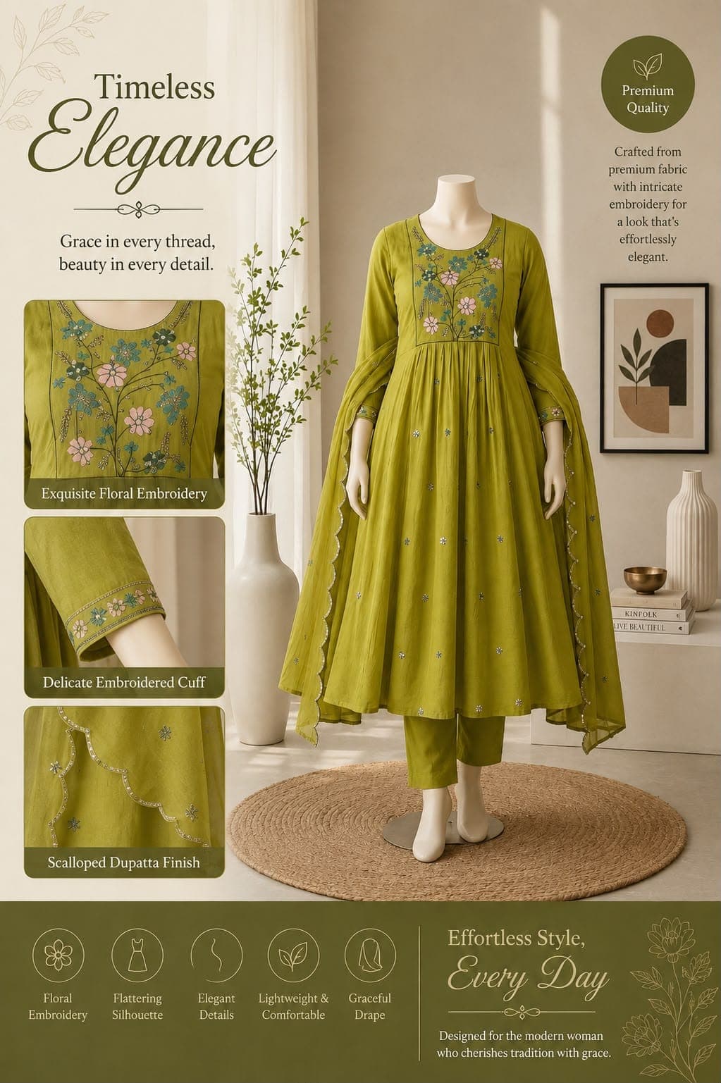 Premium Soft Mul Chanderi Floral Embroidered Kurta Set with Dupatta