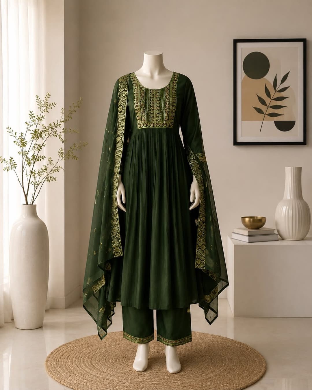 Gold Embroidered Kurta Set with Printed Dupatta