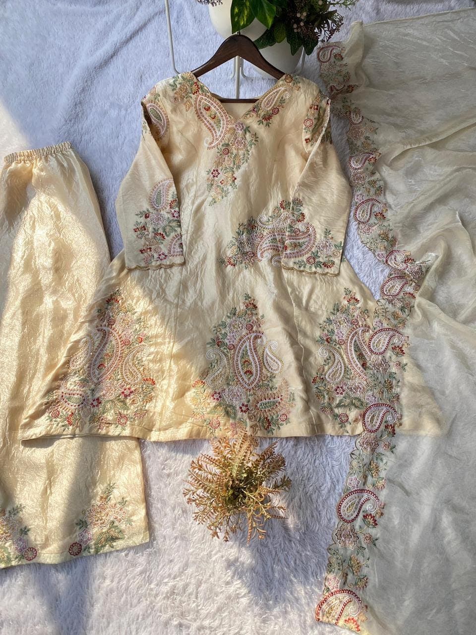 Designer Fendy Silk Sequence Embroidered Top, Palazzo & Dupatta Set