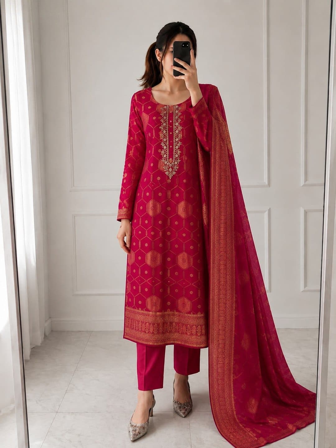 Pure Banarasi Jacquard Weaving Handwork Top, Pants & Dupatta Set with Bracelet