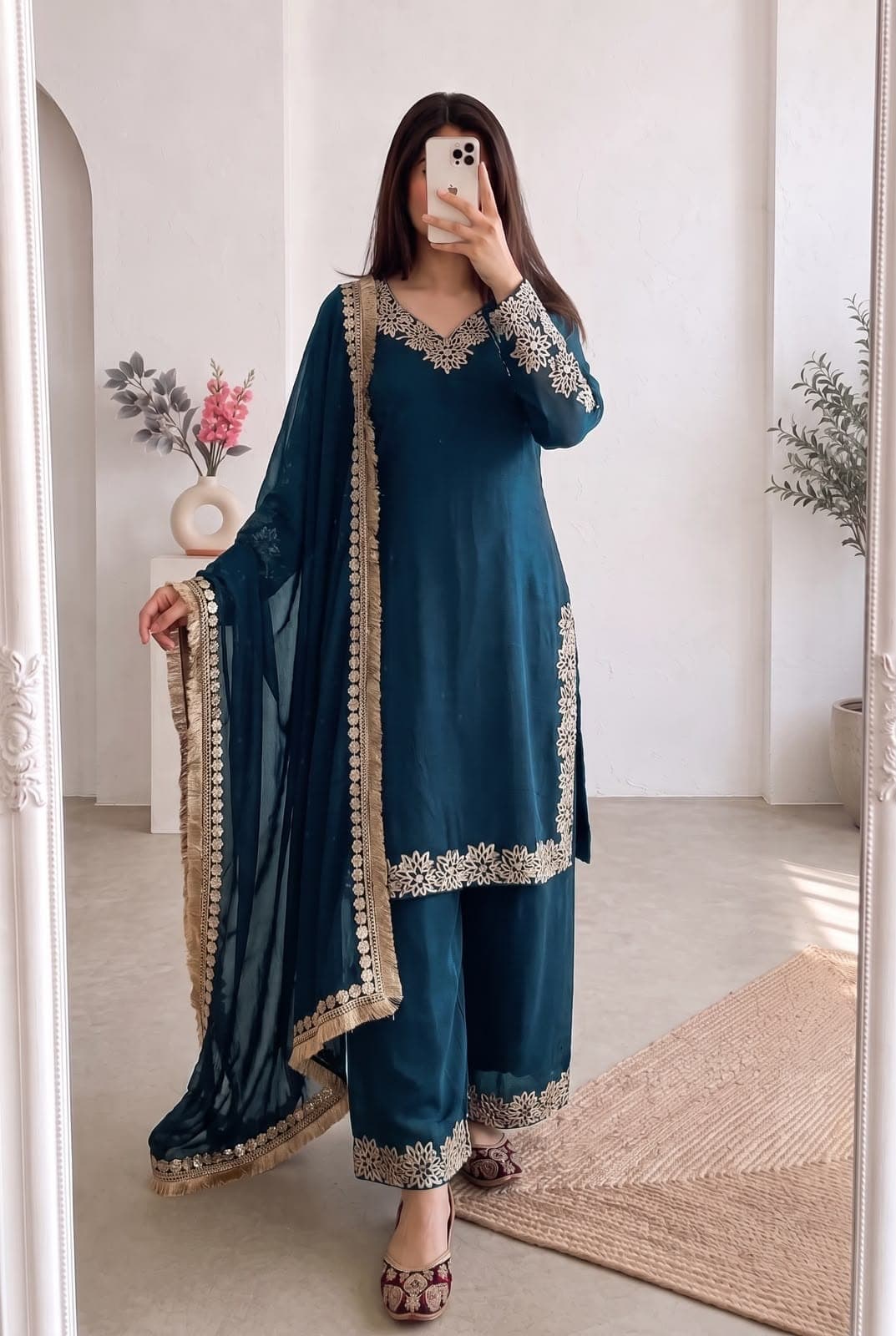 Heavy Chinon Silk Embroidery & Sequins Top, Palazzo & Dupatta Set