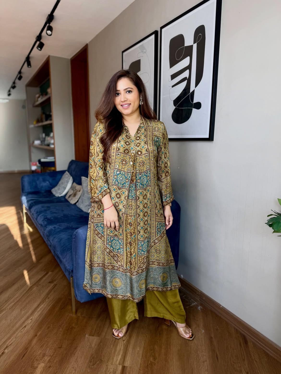Ajrakh Print Natural Crape Co-ord Set with Mirror Work Top & Palazzo