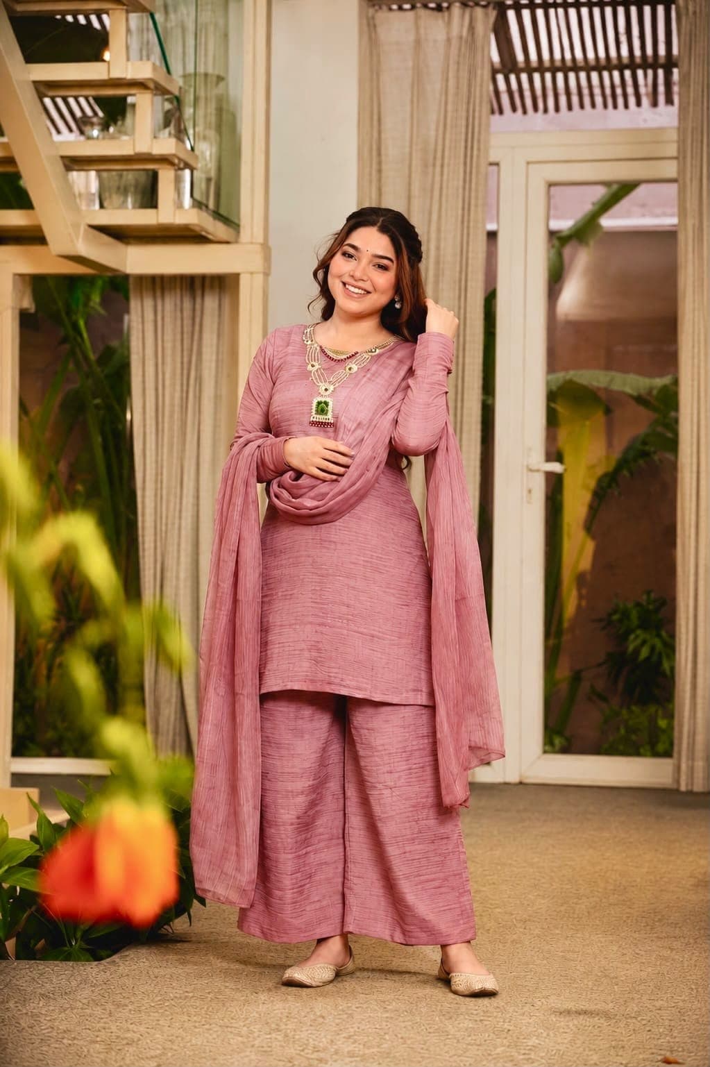 Party Wear Salsa Crush Silk Top Palazzo Set | Hand-Beaded Tassel Suit Set - image 1
