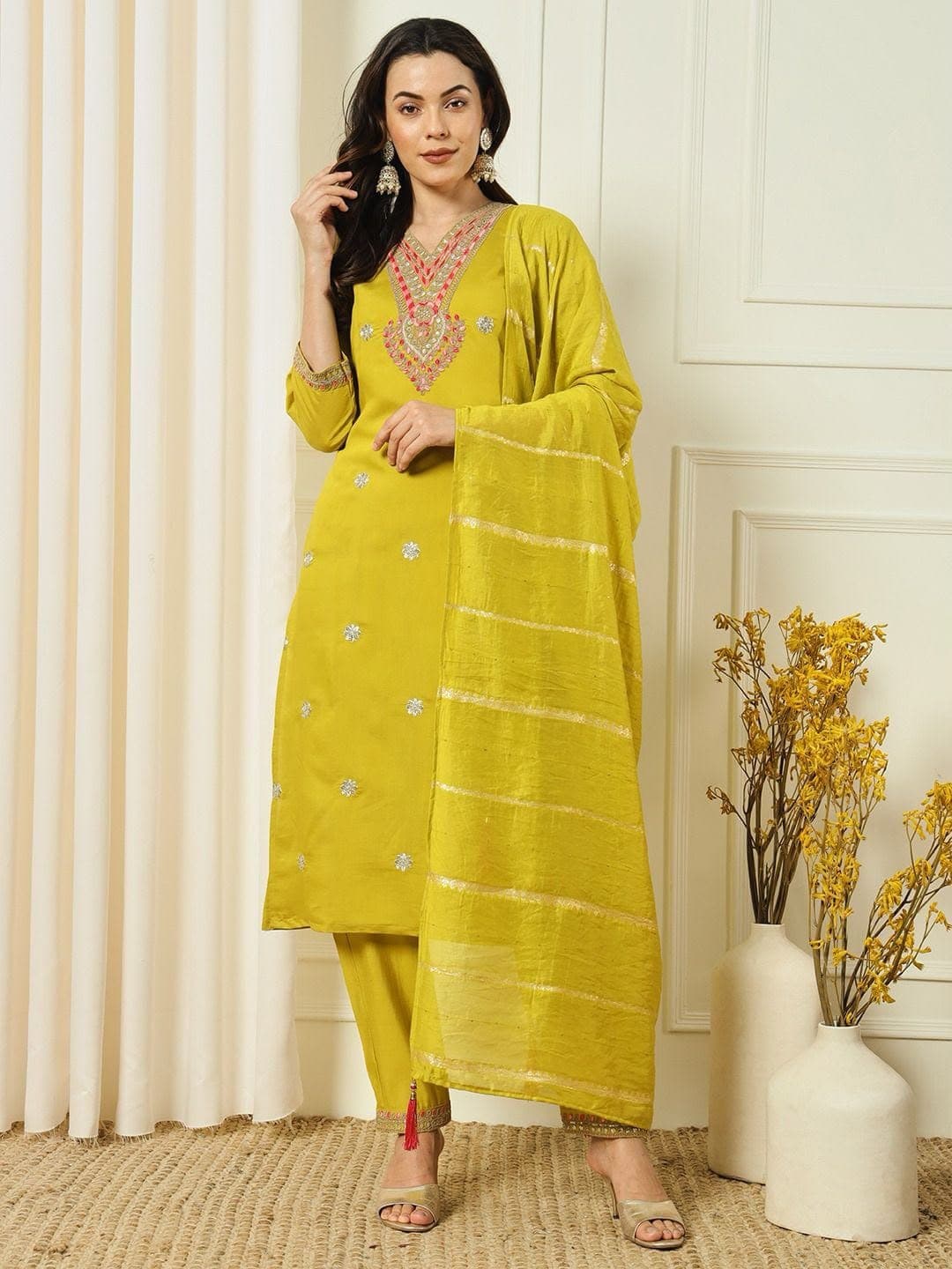3-Piece Roman Silk Embroidered Kurti Pant Set with Cotton Silk Dupatta