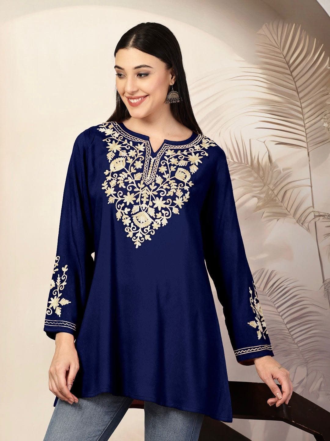 Trending Short Length Heavy Rayon Kurti | Neck & Sleeve Embroidery - image 1