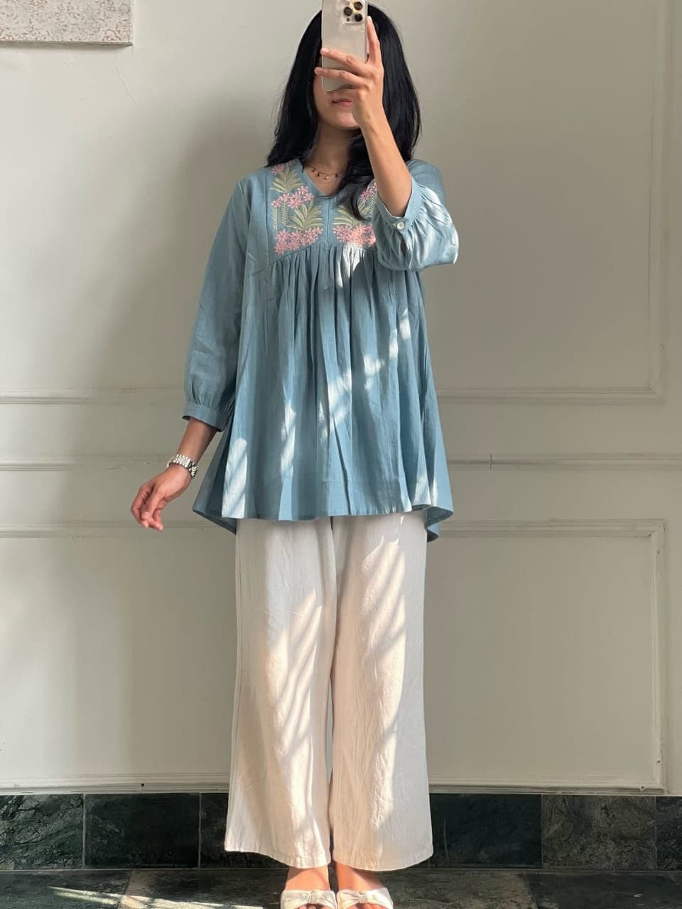 Janki Designer Pure Cotton Embroidered Top & Maharaja Silk Palazzo Set