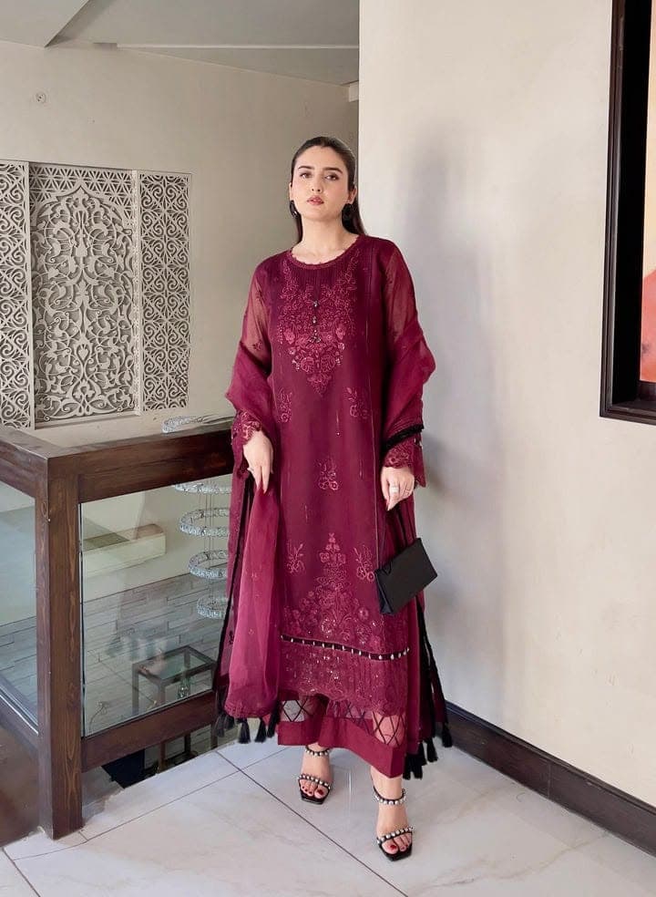 Soft Organza Both-Side Sequence Embroidered Suit Set with Fancy Latkan Dupatta - image 1