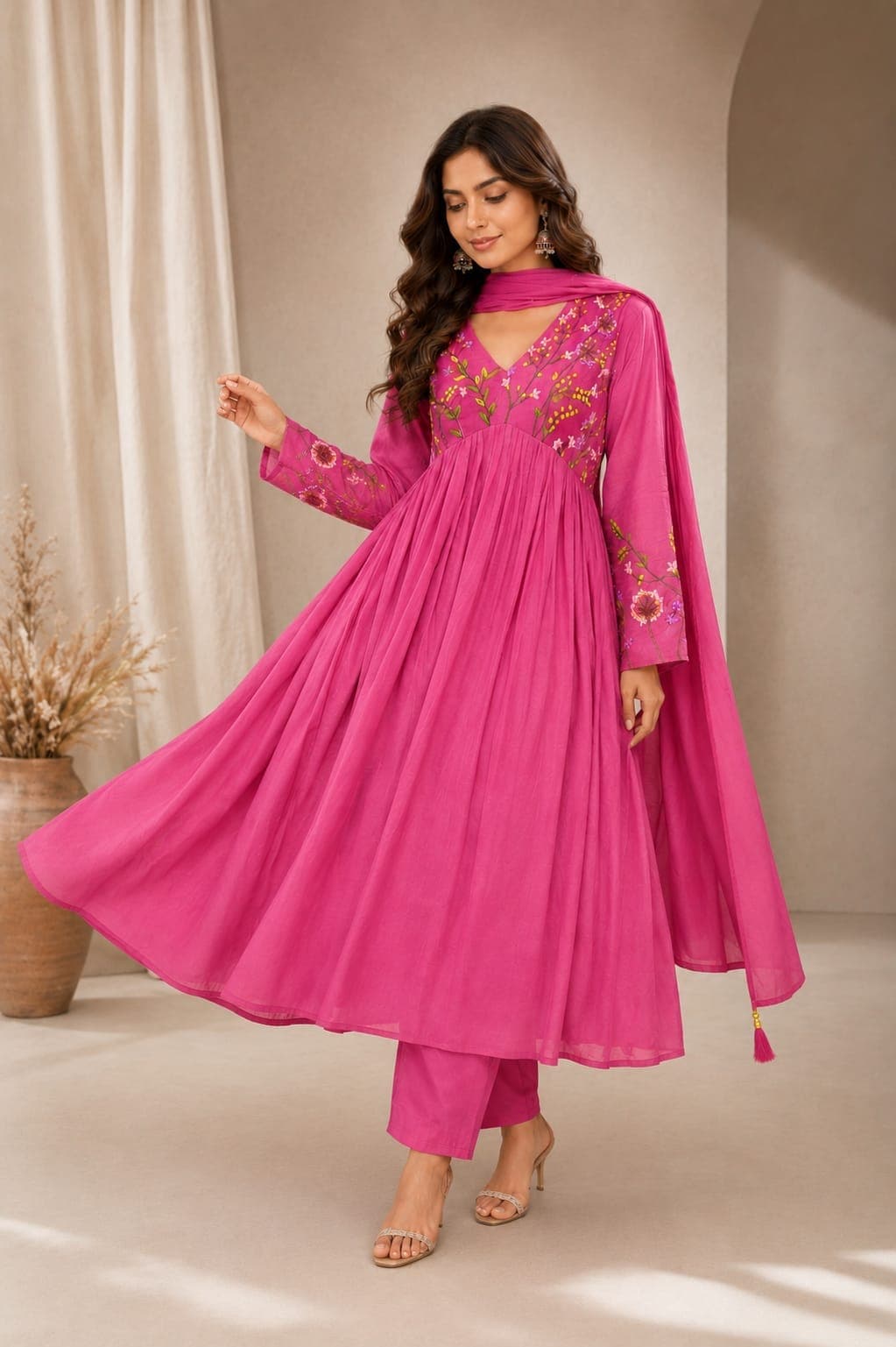 Janhvi Pure Banarasi Mul Chanderi Hand Embroidered Suit Set with Bracelet - image 1