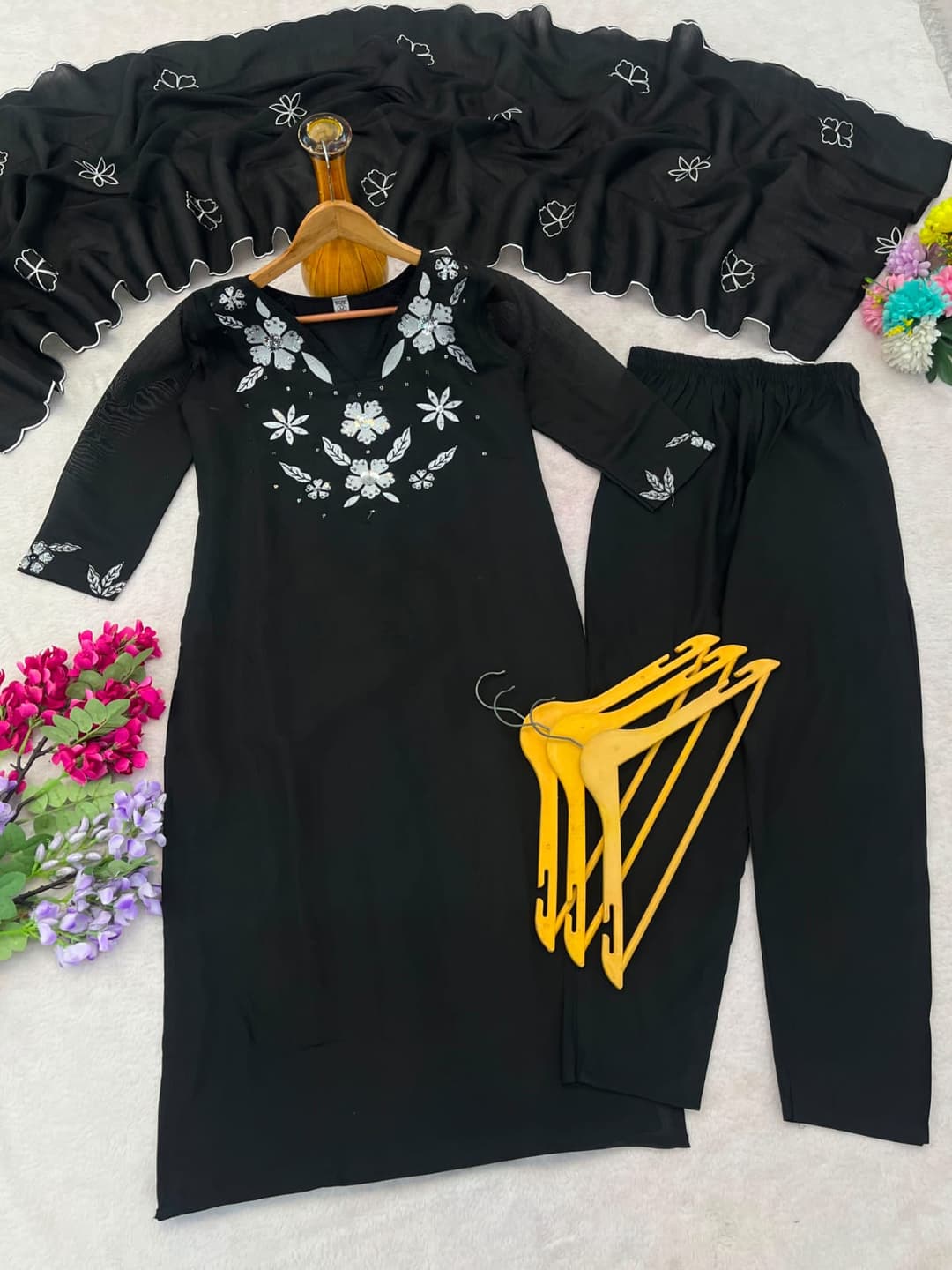 Black Mal Silk Kurta Set with White Floral Embroidery & Roman Silk Pant