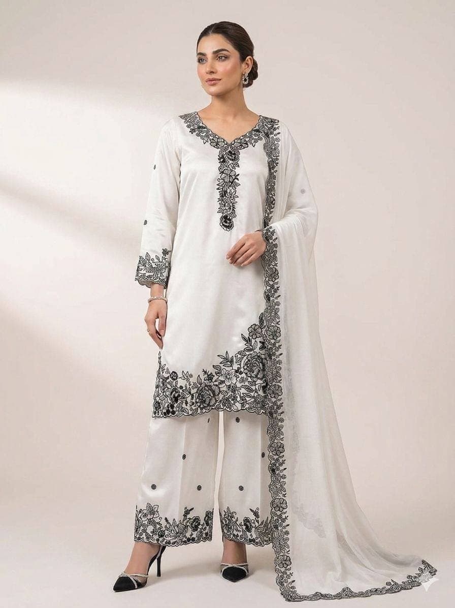 French Crepe Sequence Embroidered Palazzo Suit Set | 3 Colors - image 1