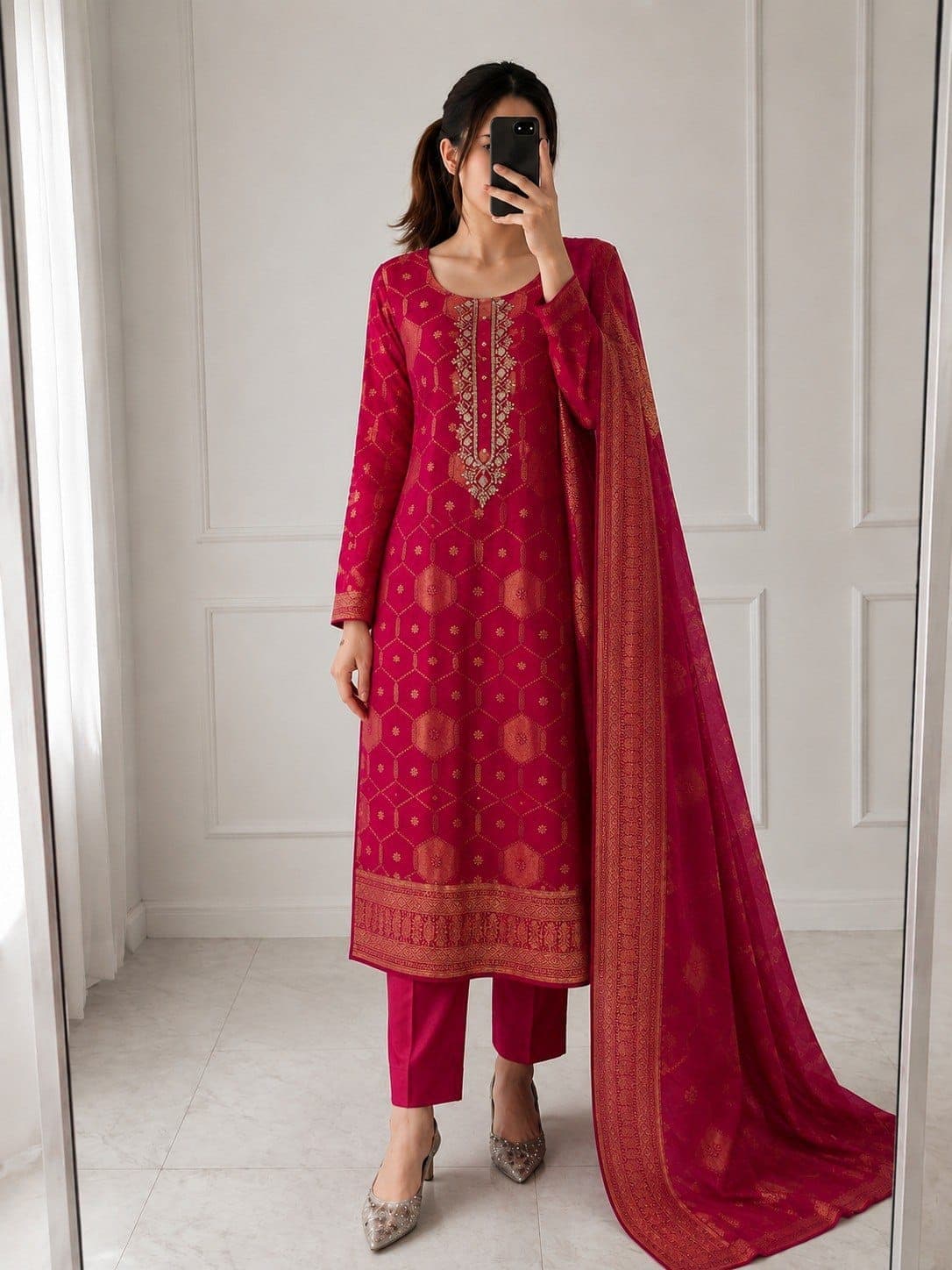 Pure Banarasi Jacquard Weaving Handwork Top, Pants & Dupatta Set with Bracelet - image 1