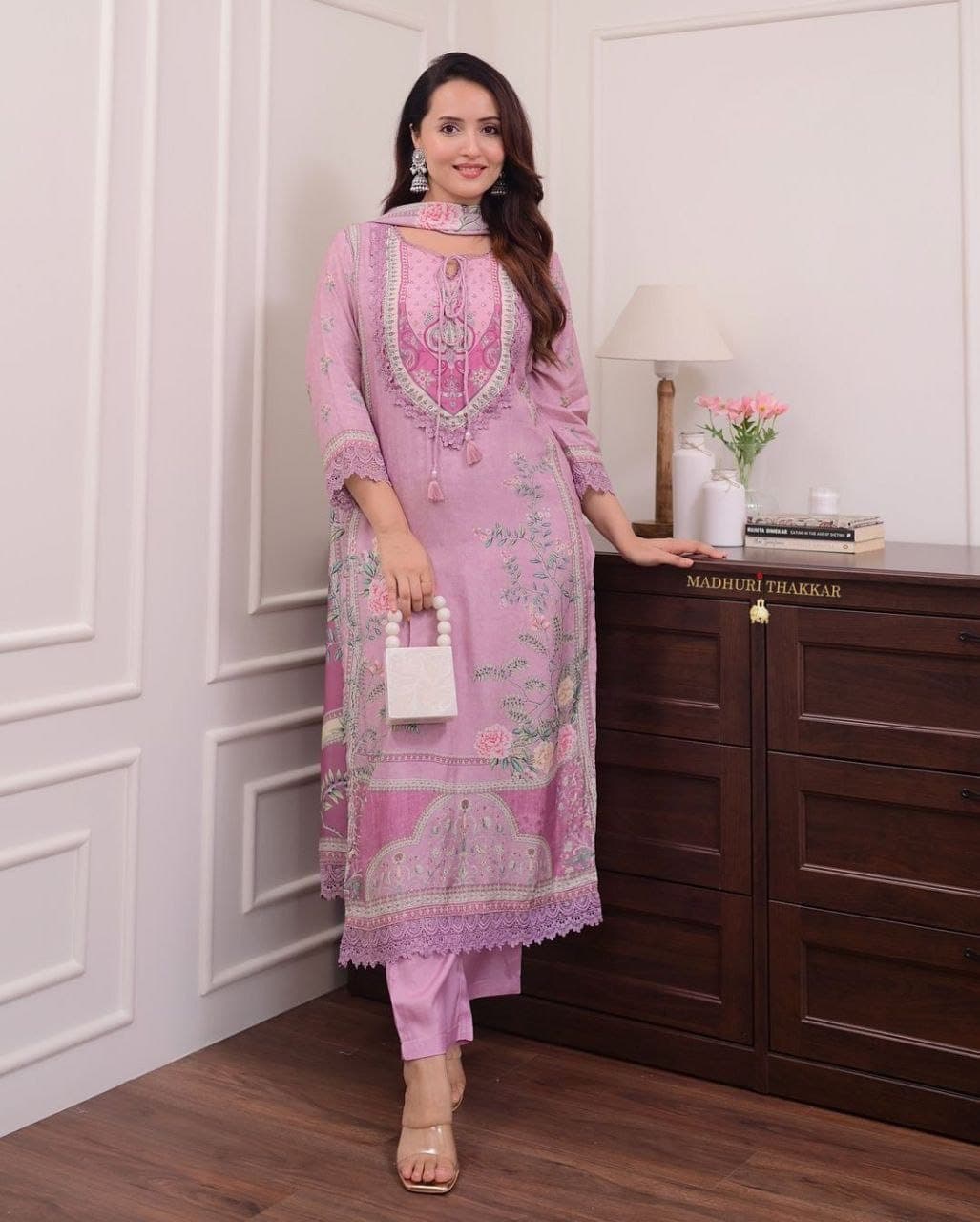 Lilac Pure Soft Muslin Digital Print & Hand Embroidered Pakistani Suit Set with Pearl Necklace