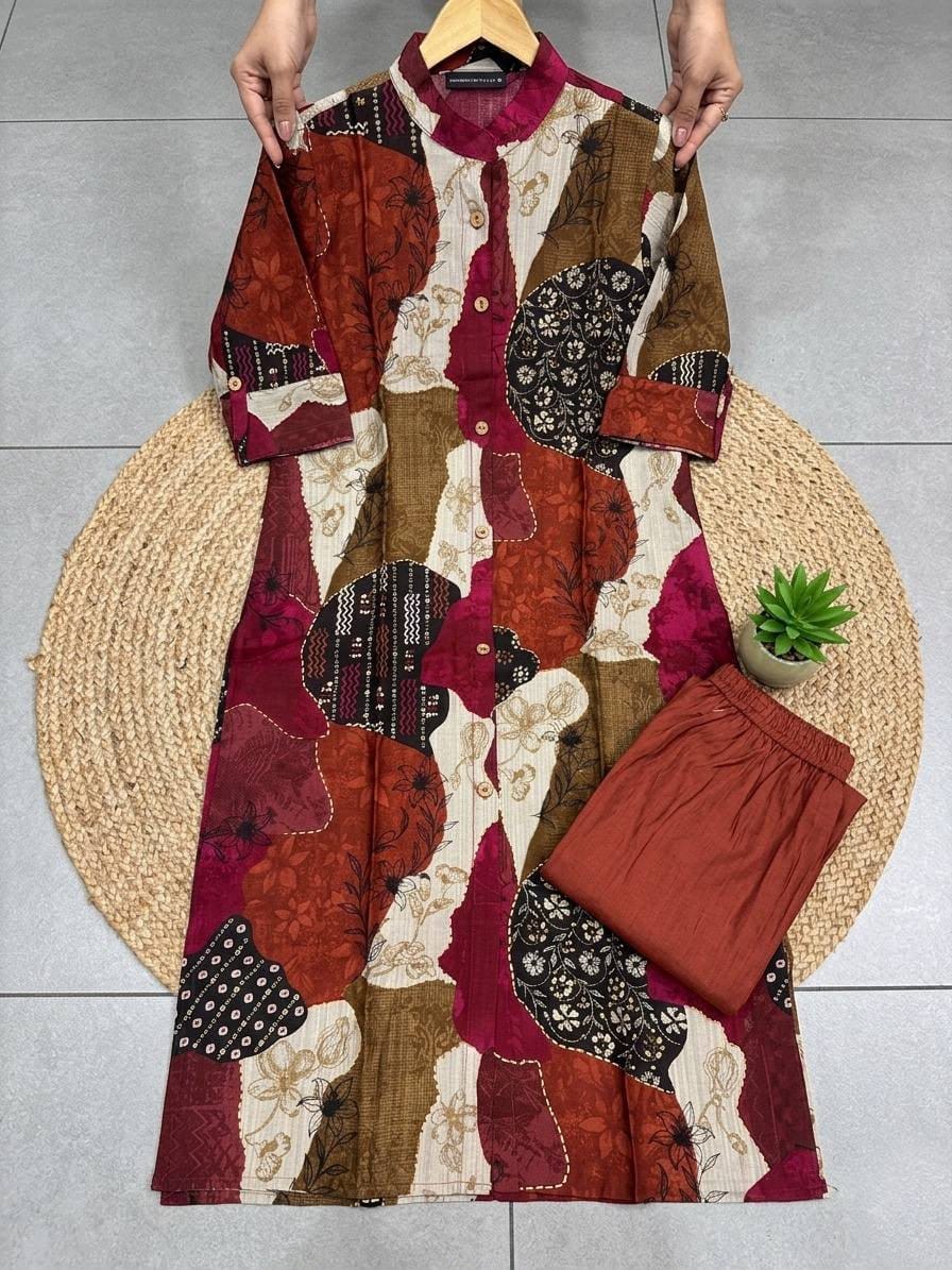 Textured Cotton Floral Kurta Set with Pockets for Women