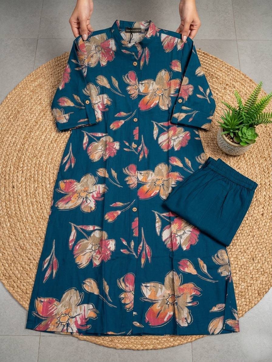 Textured Cotton Floral Kurta Set with Pockets for Women