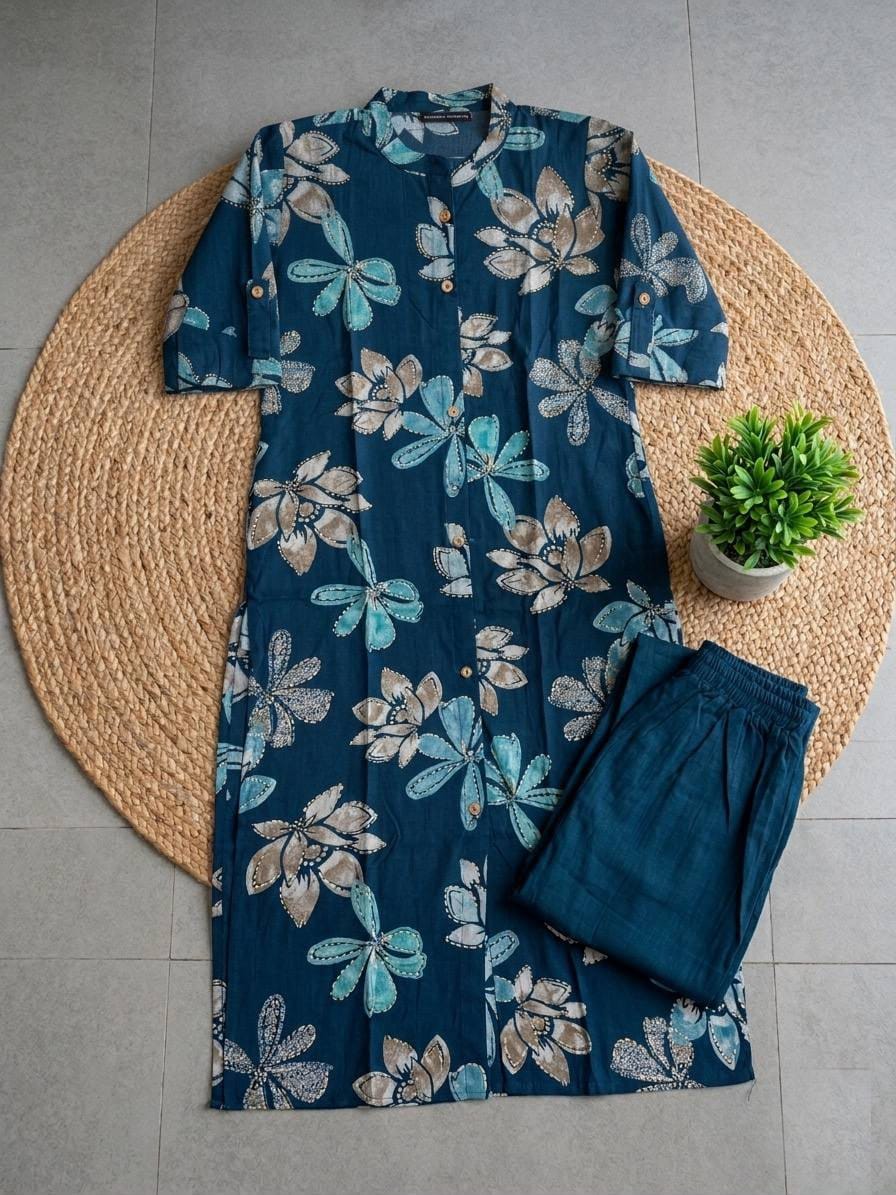 Textured Cotton Floral Kurta Set with Pockets for Women