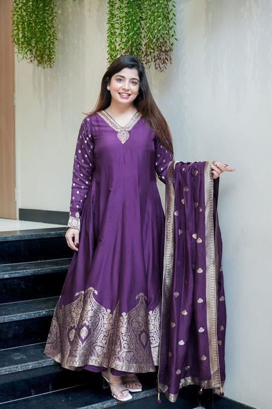 Premvati Premium Banarasi Chanderi Anarkali Suit Set with Dupatta