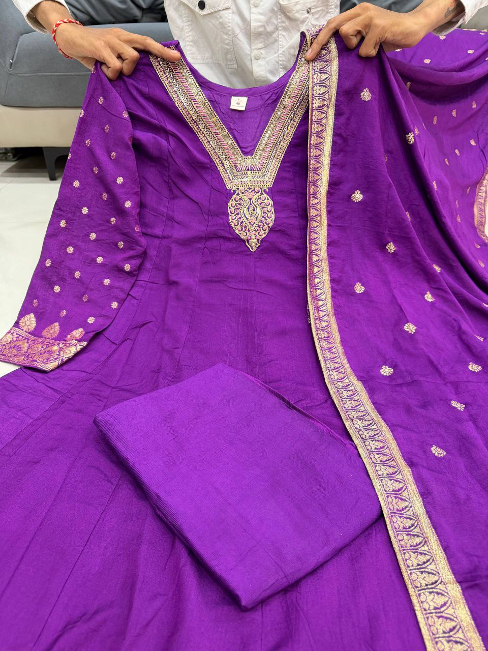 Premvati Premium Banarasi Chanderi Anarkali Suit Set with Dupatta