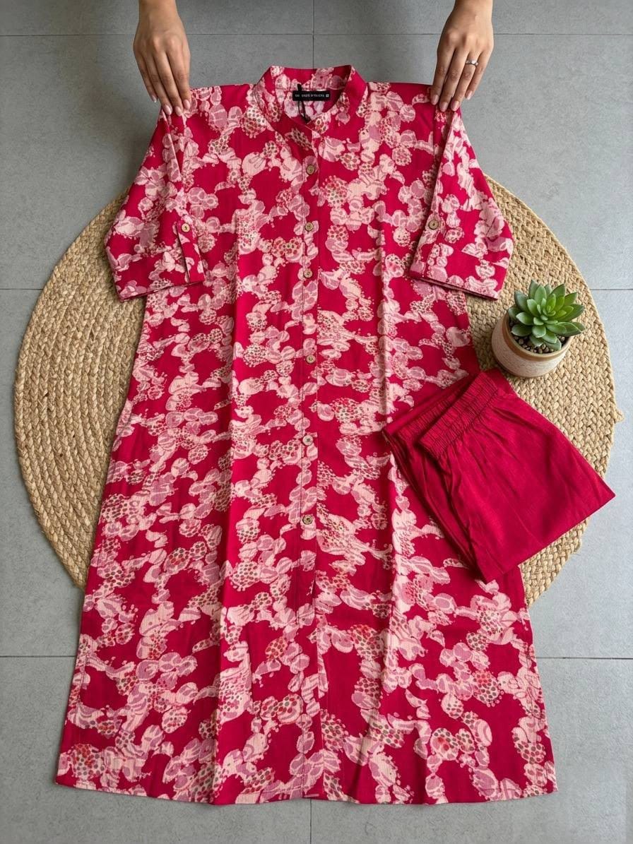 Textured Cotton Floral Kurta Set with Pockets for Women