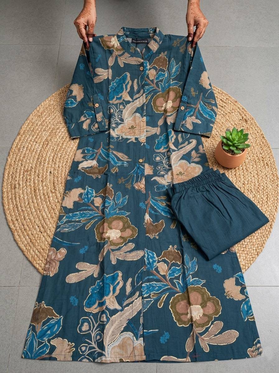 Textured Cotton Floral Kurta Set with Pockets for Women