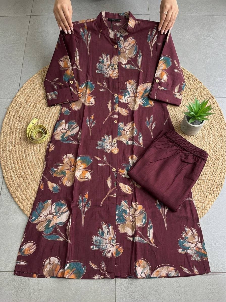 Textured Cotton Floral Kurta Set with Pockets for Women