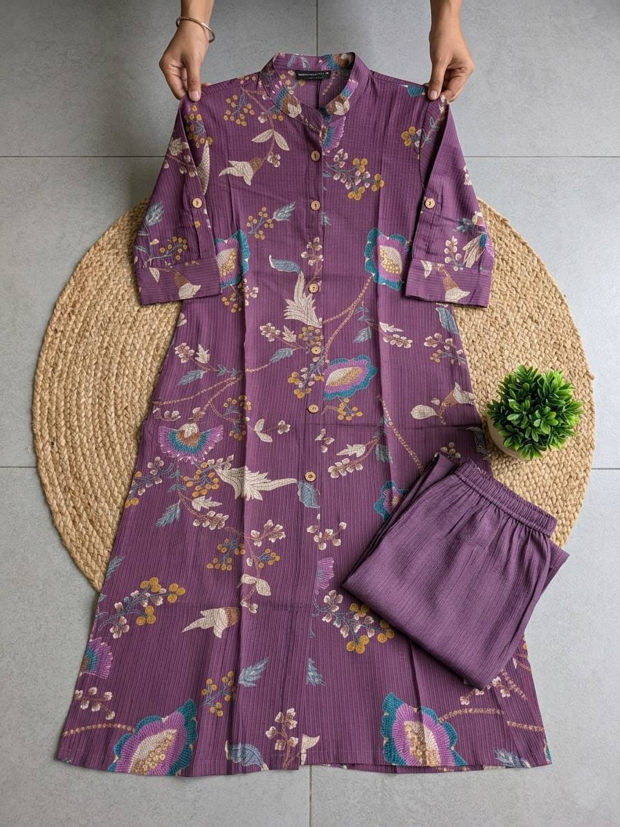 Textured Cotton Floral Kurta Set with Pockets for Women