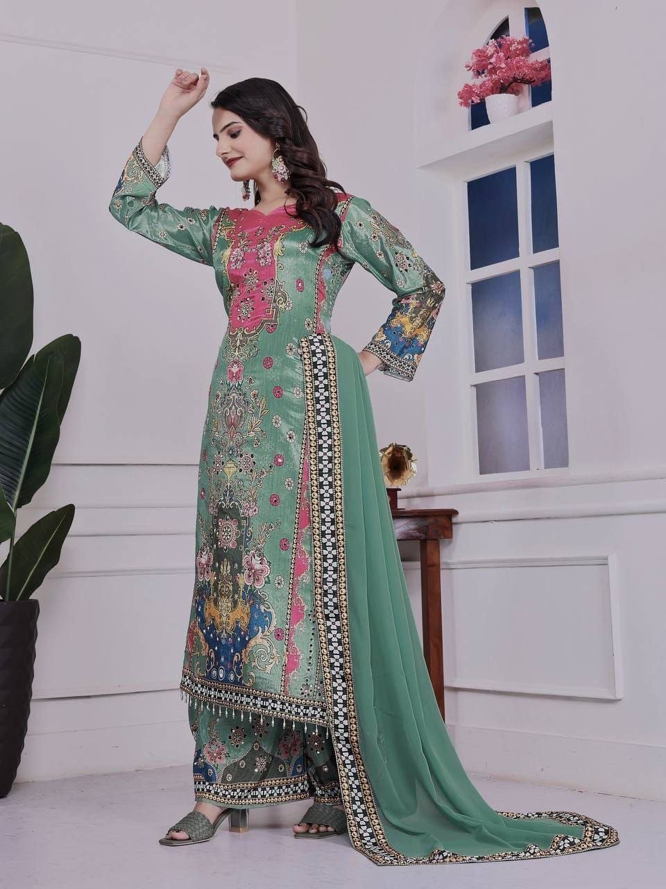 Premium Digital Print A-Line Kurta - Palazzo with Dupatta - Green