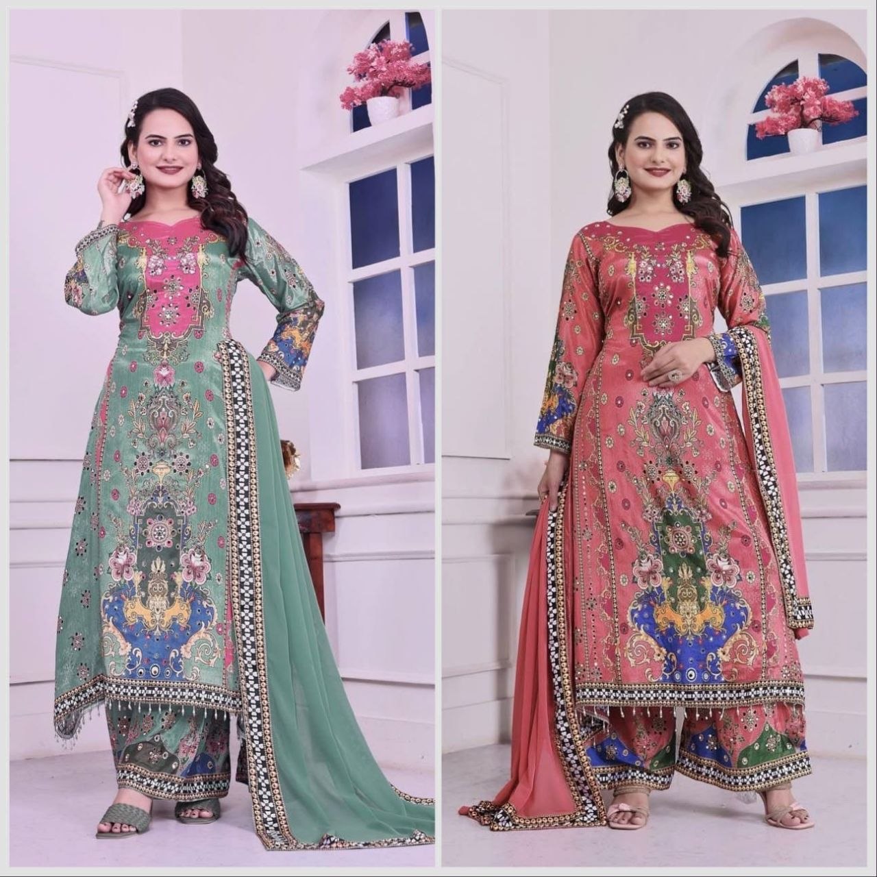 Premium Digital Print A-Line Kurta - Palazzo with Dupatta - Green