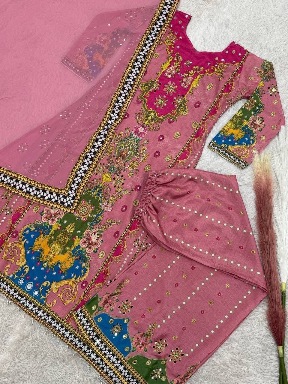 Premium Digital Print A-Line Kurta - Palazzo with Dupatta - Pink