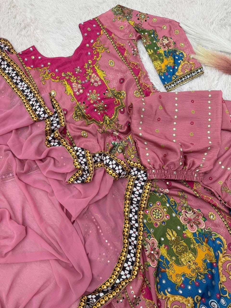 Premium Digital Print A-Line Kurta - Palazzo with Dupatta - Pink