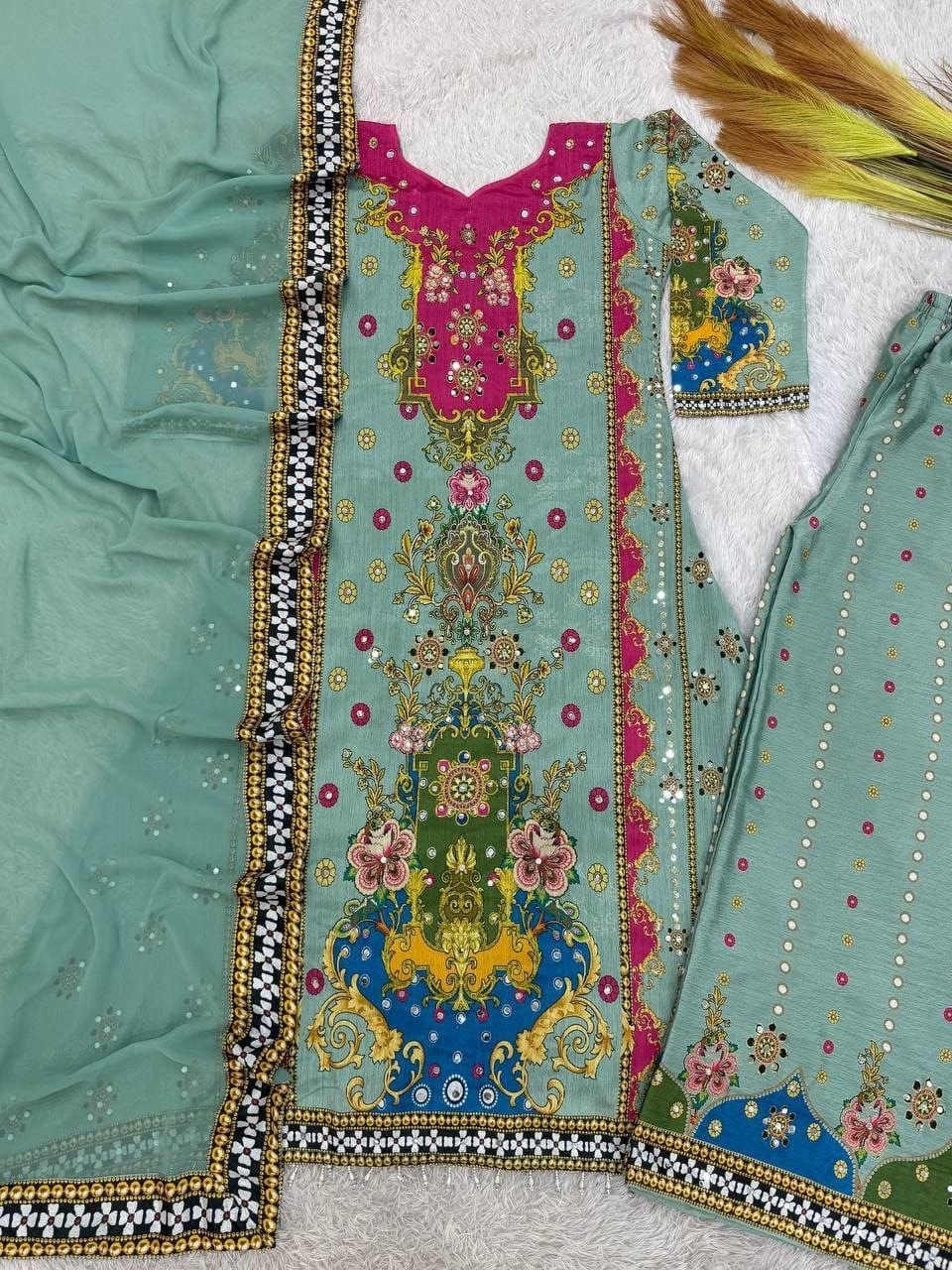 Premium Digital Print A-Line Kurta - Palazzo with Dupatta - Pink