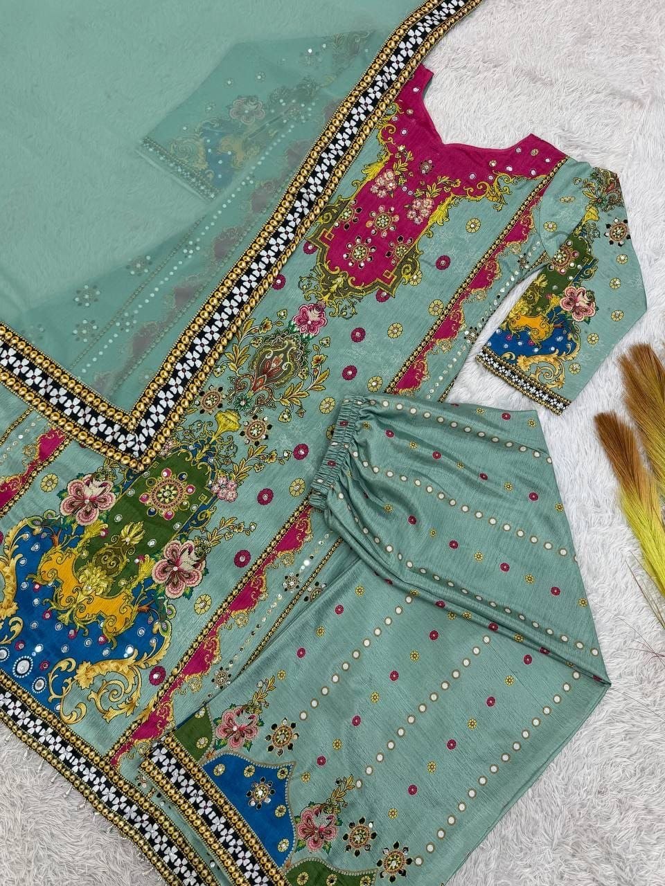 Premium Digital Print A-Line Kurta - Palazzo with Dupatta - Pink