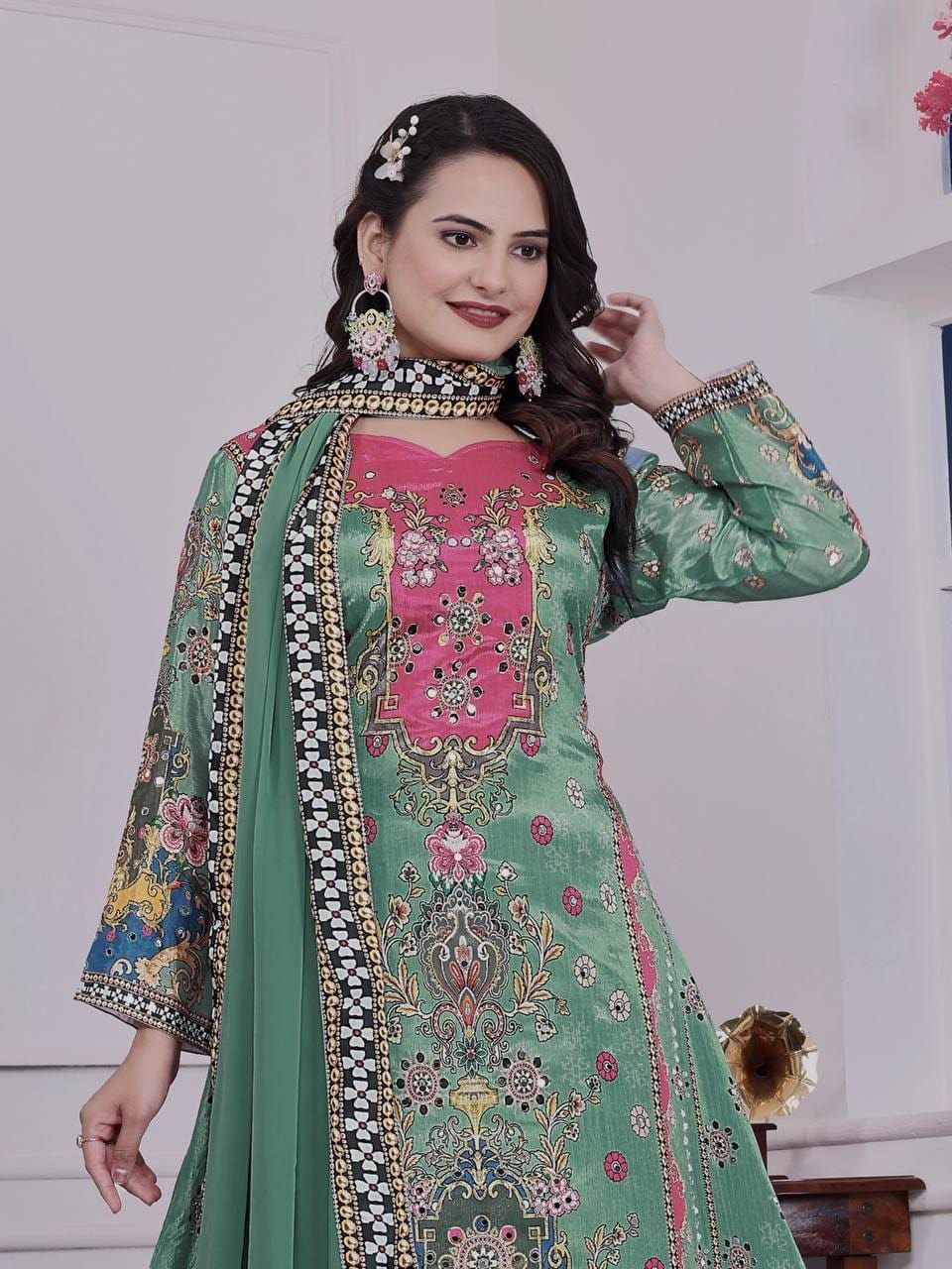 Premium Digital Print A-Line Kurta - Palazzo with Dupatta - Green